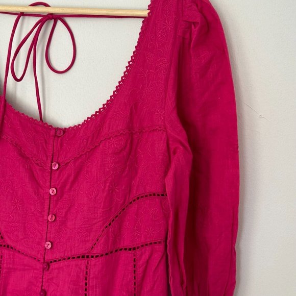 Free People Lisa Embroidered Lace Midi Dress Size S Pink Puff Sleeves Boho BNWT - Picture 10 of 16